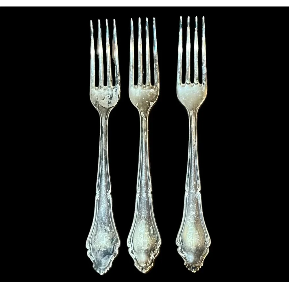 German Hanseat 90 Hand Engraved Silver Plate Custom (TH) Engraved Set Of 3 Forks